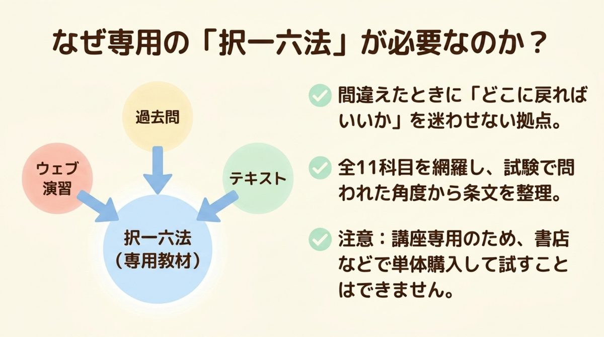択一六法が過去問・テキスト・ウェブ演習の戻り先として機能すること、単体購入できないことを示した図解