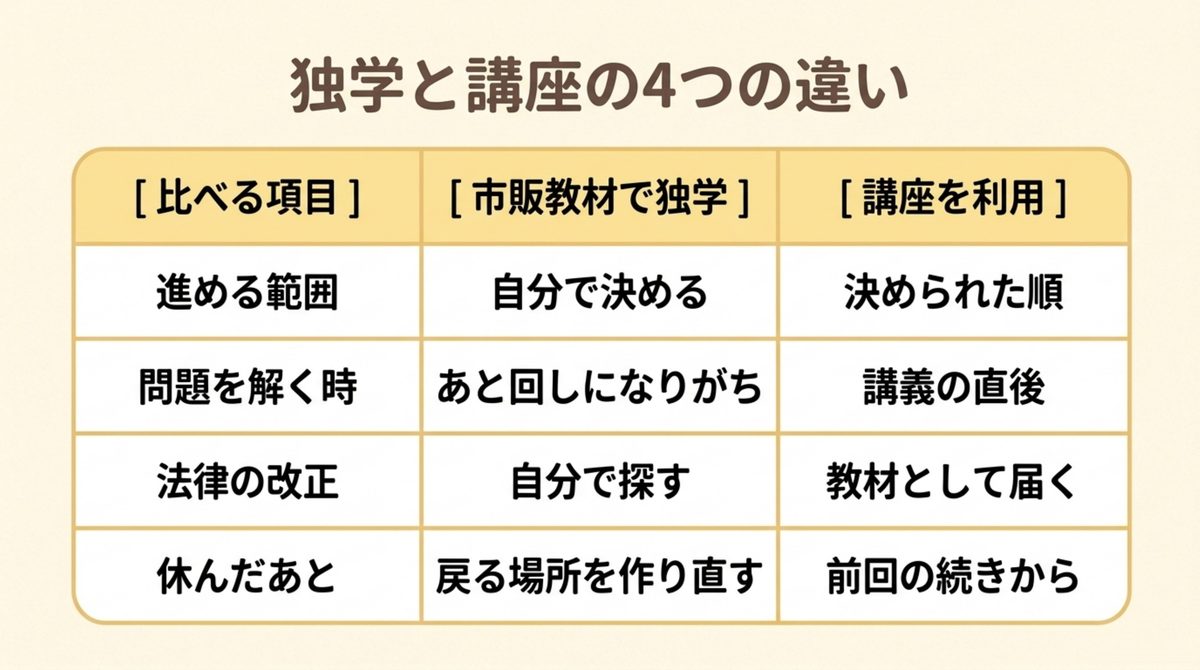 独学と講座の4つの違い 宅建の独学と講座の違いを、進める範囲・問題を解く時期・法改正・休んだ後の4項目で比較した表