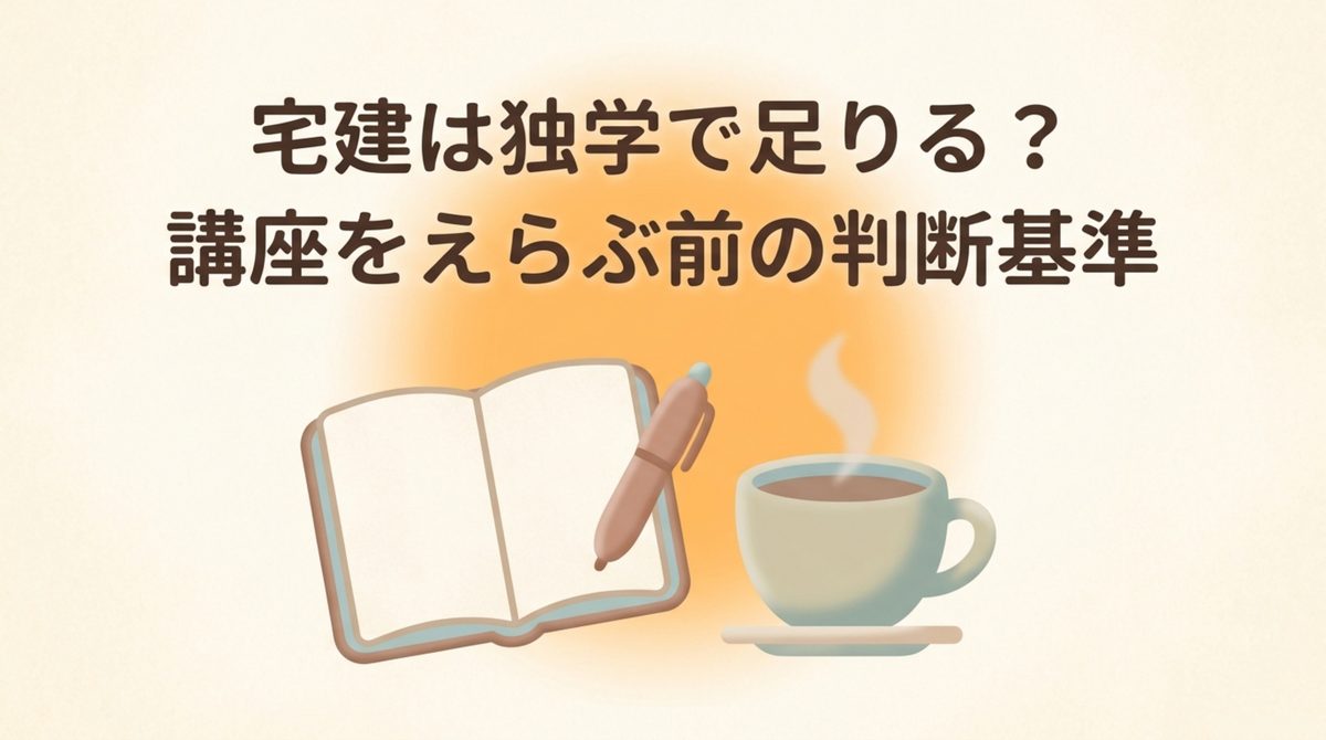 宅建は独学で足りる?講座をえらぶ前の判断基準 宅建は独学で足りるか、講座を選ぶ前に何を判断基準にするかを示した図解