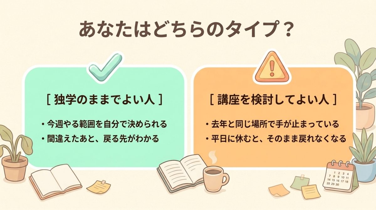 あなたはどちらのタイプ? 独学のままでよい人と講座を検討してよい人の条件を左右に並べたチェック図解