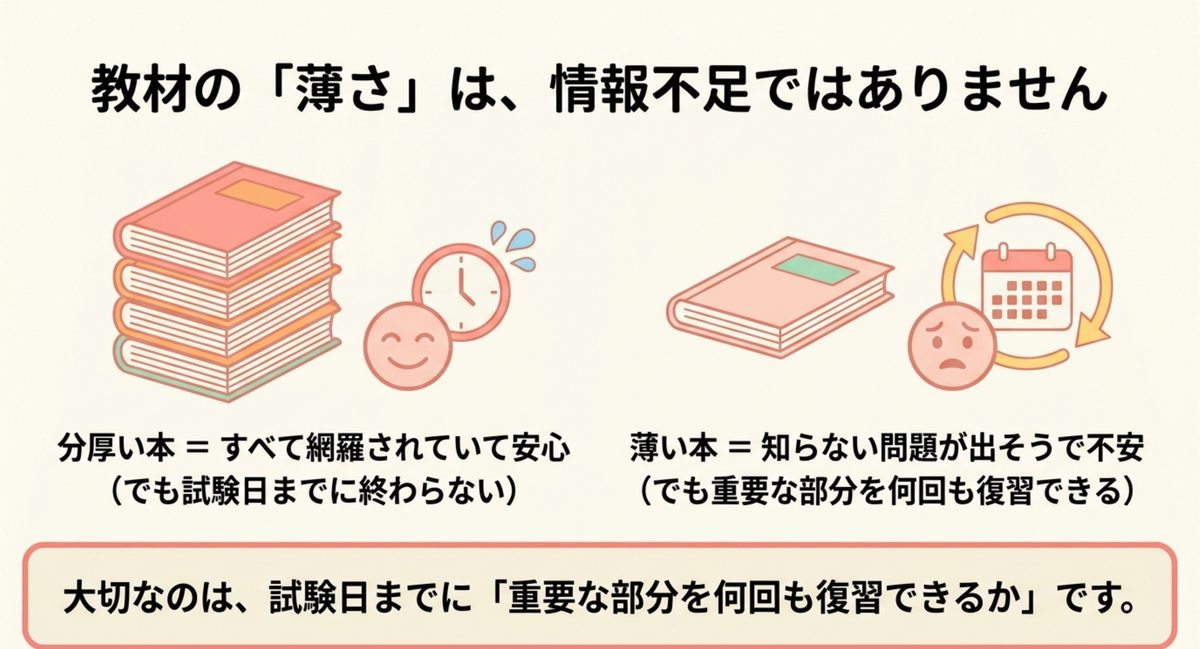教材の薄さは情報不足ではなく重要な部分を繰り返すための設計であることを示す図