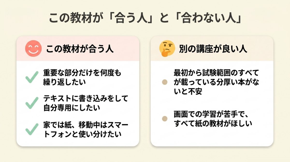 クレアールの教材が合う人と別の講座を比較した方がよい人を示す図