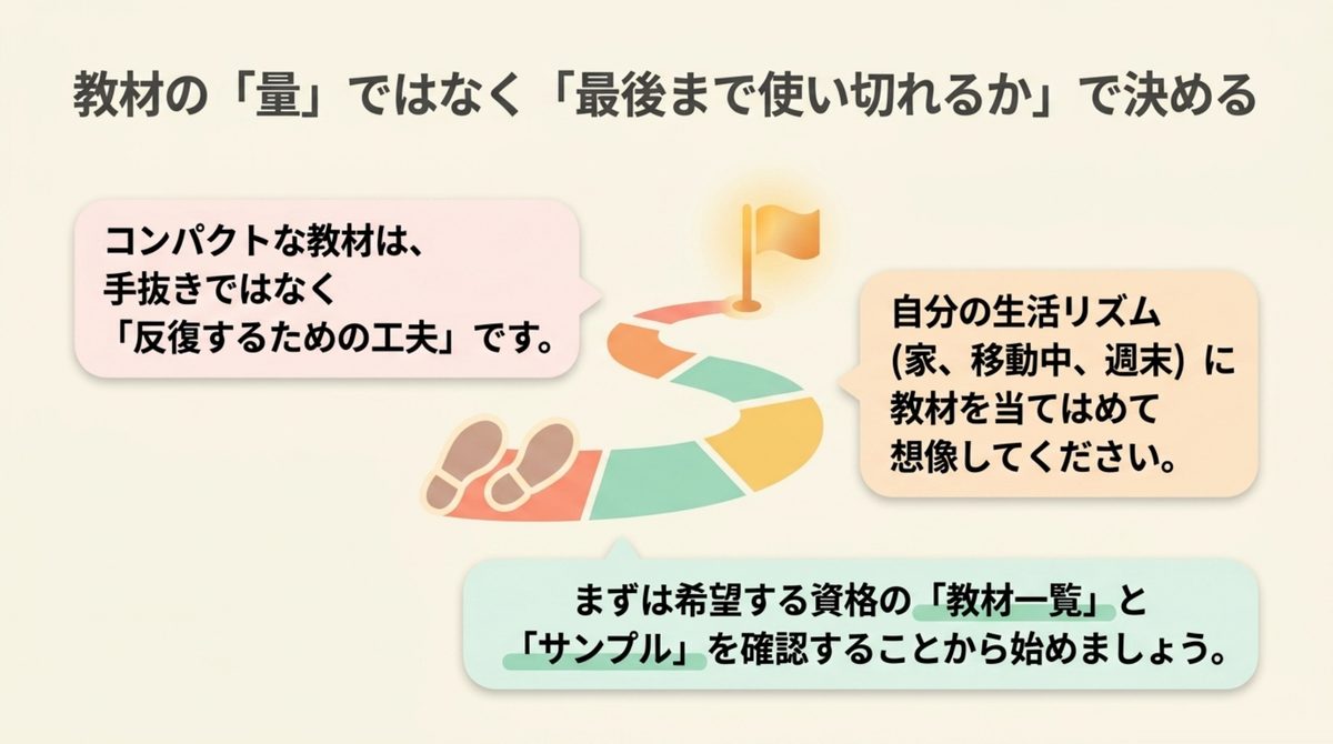 教材の量ではなく試験日まで使い切れるかでクレアールの教材を選ぶ考え方を示す図