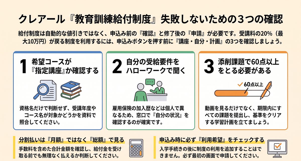 クレアールで教育訓練給付制度を利用する前に確認したい指定講座・本人の受給要件・修了認定基準と支払総額
