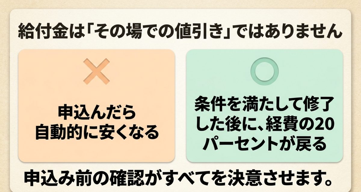 教育訓練給付金が条件を満たして修了したあとに支給される流れを示す図解