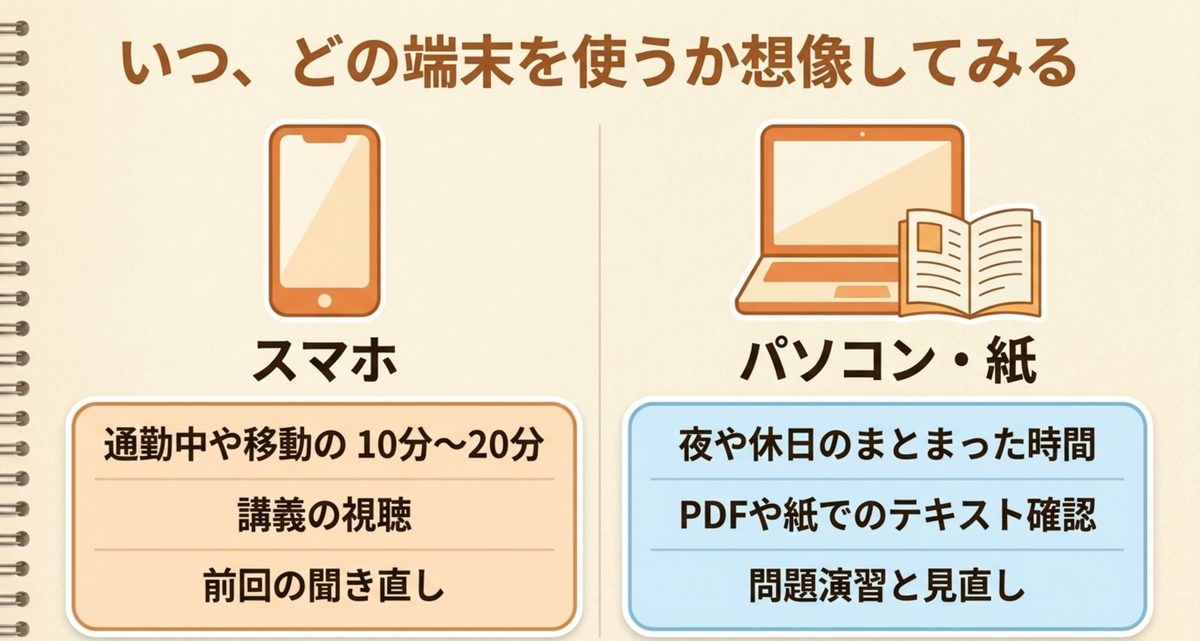 細切れ時間はスマホで問題演習、机では講義視聴と教材確認を行う時間の使い分けを示した図解