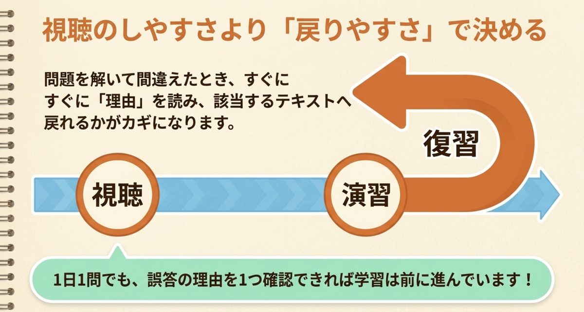 間違えた問題を抽出して一定期間後に解き直す復習の流れを示した図解