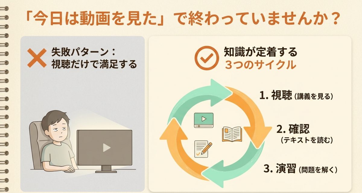講義視聴のあとに問題演習と復習へ戻る学習サイクルを示した図解