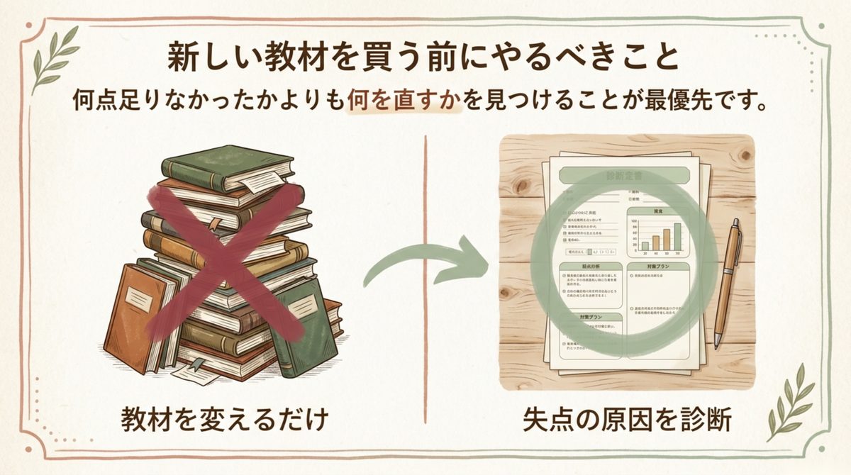 通関士試験に落ちた後、新しい教材を買う前に失点の原因を診断する流れを示した図解