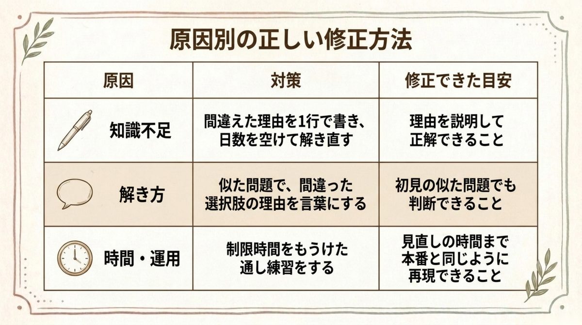 通関士試験の失点原因ごとの対策と、修正できたと判断する目安をまとめた比較表