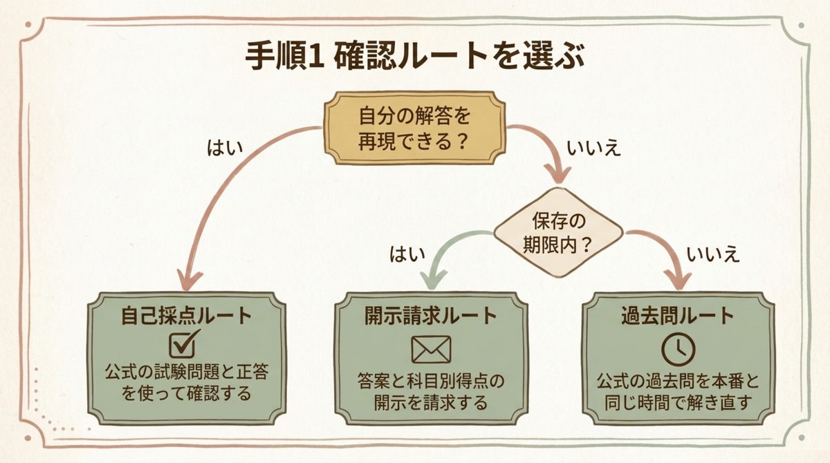 通関士試験の得点を確認する自己採点ルート・開示請求ルート・過去問ルートの分岐を示したフロー図