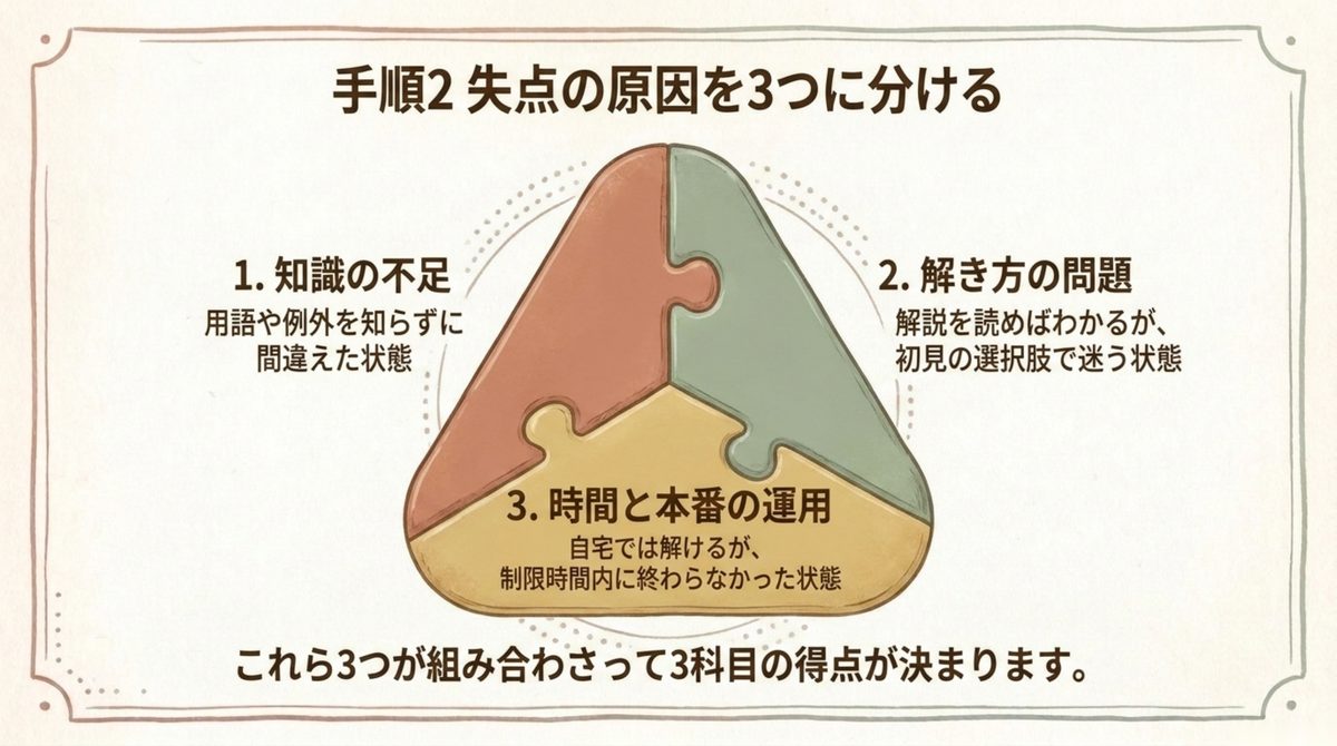 通関士試験の失点を知識の不足・解き方の問題・時間と本番の運用の3つに分ける図解