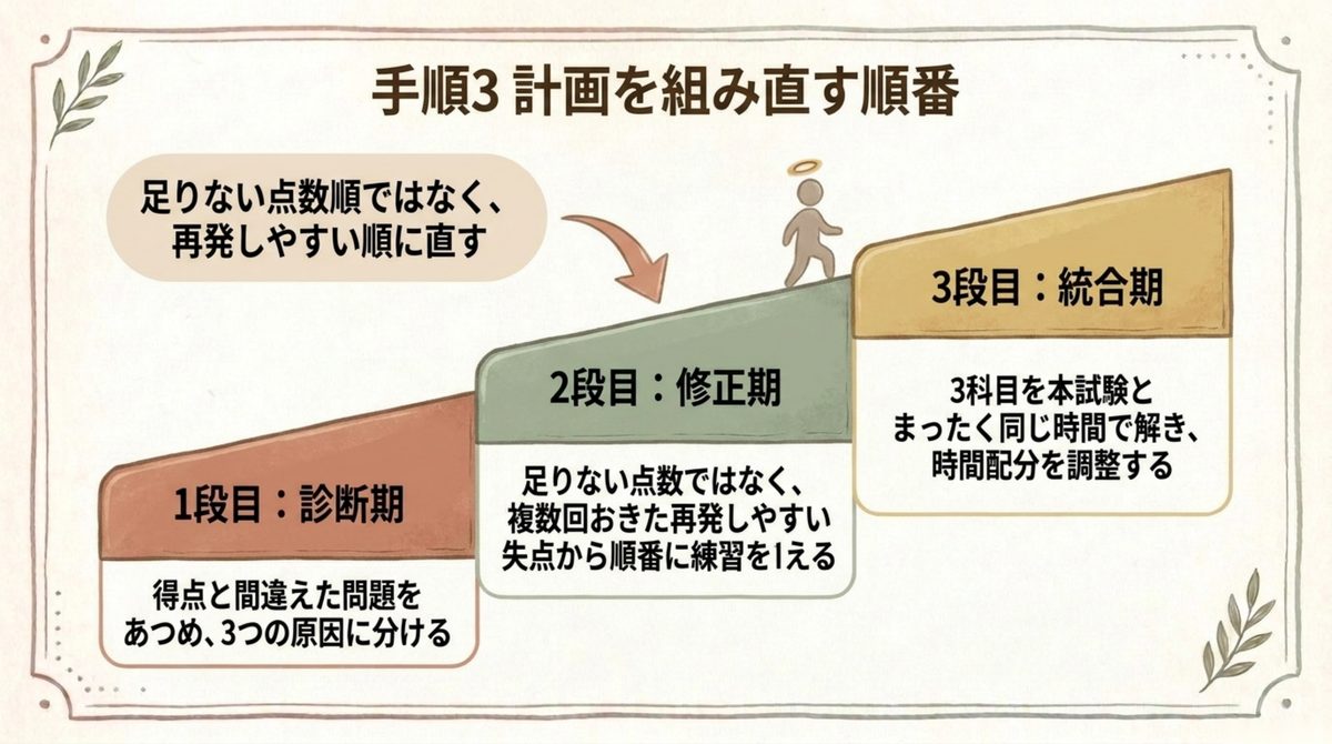 通関士試験の再受験計画を診断期・修正期・統合期の順に組み直す手順を示した図解