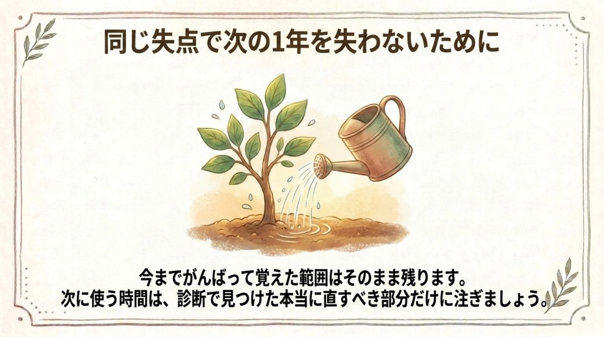通関士試験の再挑戦で、覚えた範囲を活かし直すべき部分だけに時間を注ぐ考え方を示した図解
