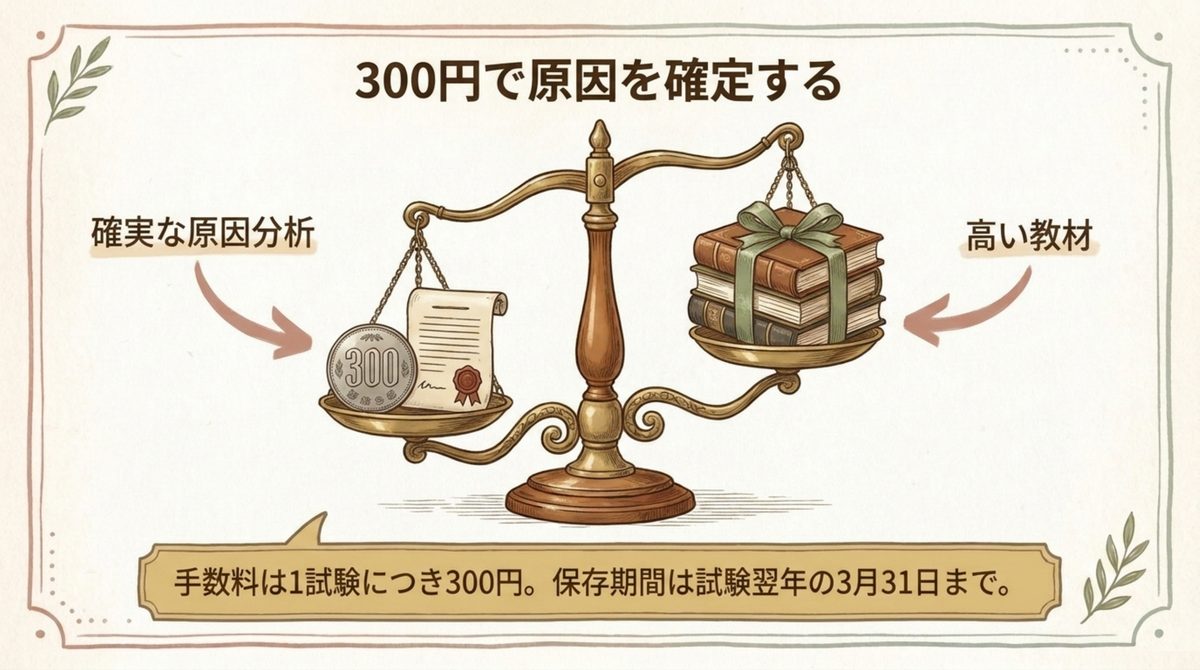 通関士試験の得点開示手数料300円と高額な教材費を比べ、原因分析を優先する考え方を示した図解