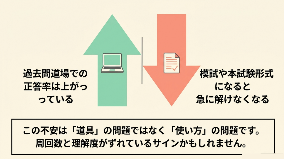過去問道場での正答率は上がっているのに模試や本試験形式になると急に解けなくなる不安は道具ではなく使い方の問題であることを示す図解