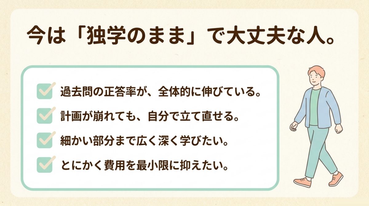 独学のままで大丈夫な人の条件 過去問の正答率が伸びているなど独学のままで大丈夫な人の条件をチェックリストで示した図解