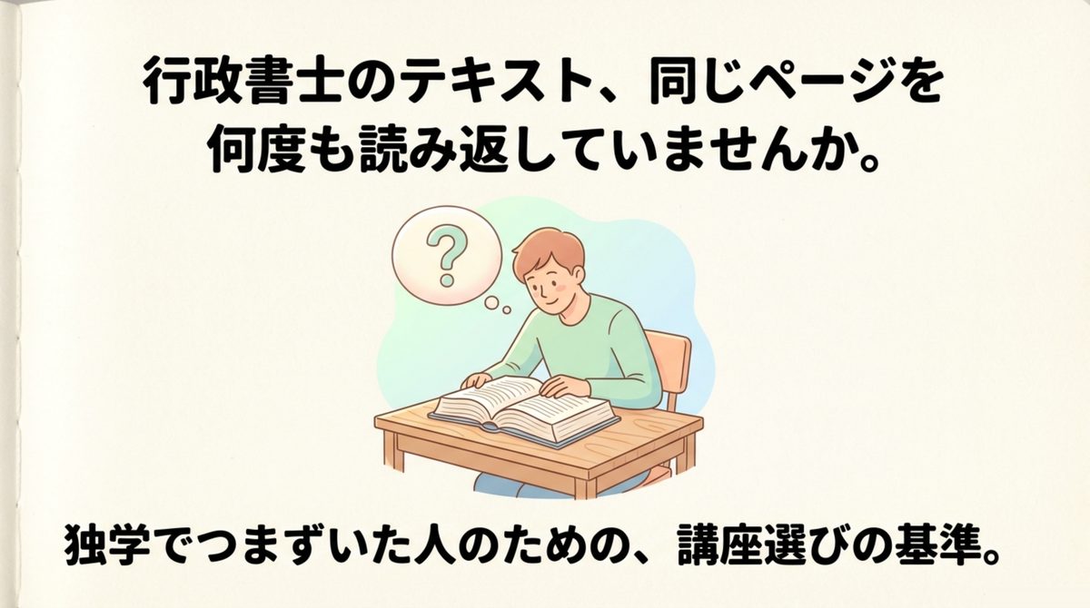 行政書士 独学でつまずく場面 行政書士のテキストで同じページを読み返し理解が止まっている場面を示す図解
