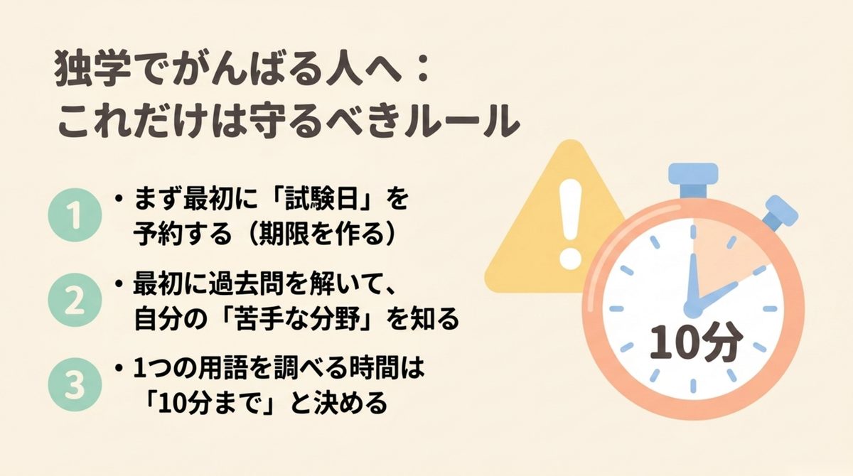 独学を止めないための3つのルール ITパスポートを独学で進めると決めた人が最初に守る3つのルールを示した図解