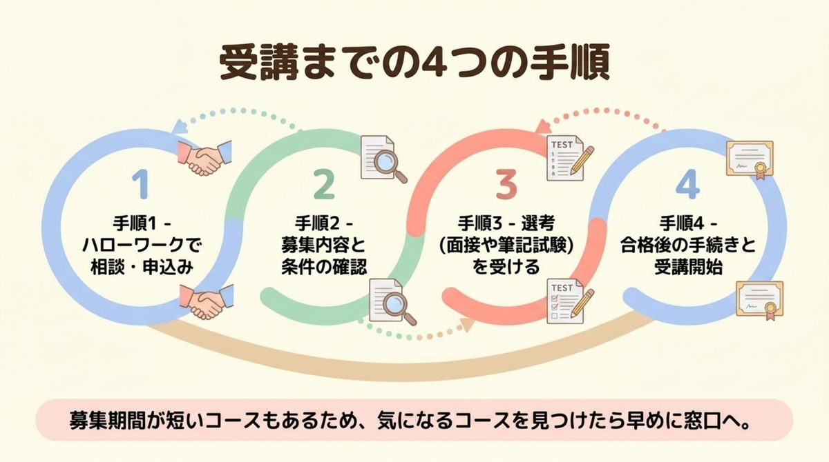 ハローワークでの相談から選考・受講開始までの四手順を示した図解