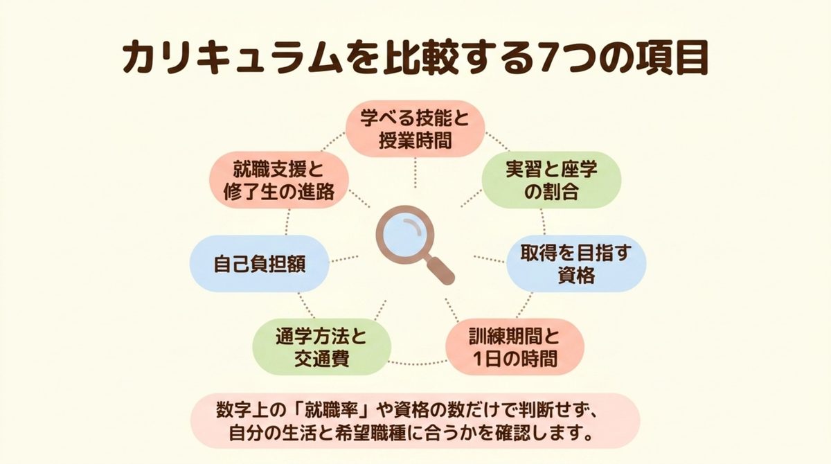 訓練コースの募集要項で比較すべき七項目を整理した図解