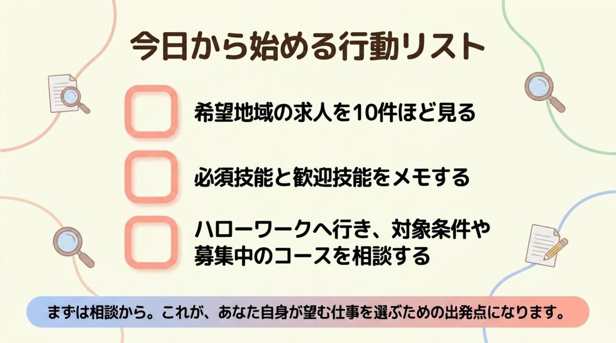 求人確認・必須技能のメモ・ハローワーク相談という最初の行動を整理したチェックリスト図