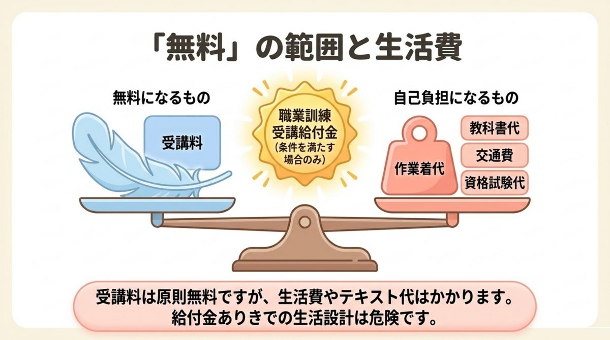 職業訓練で無料になる受講料と自己負担になる教材費や交通費を分けて示した図解