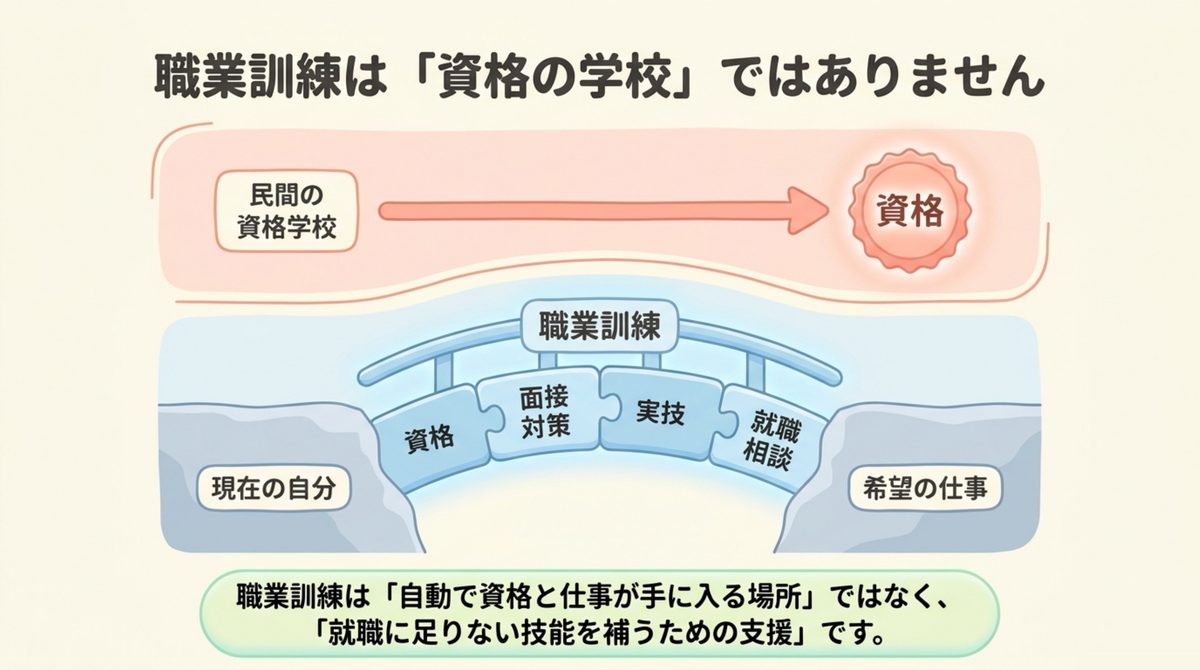 職業訓練が資格の学校ではなく就職に足りない技能を補う支援であることを示した図解