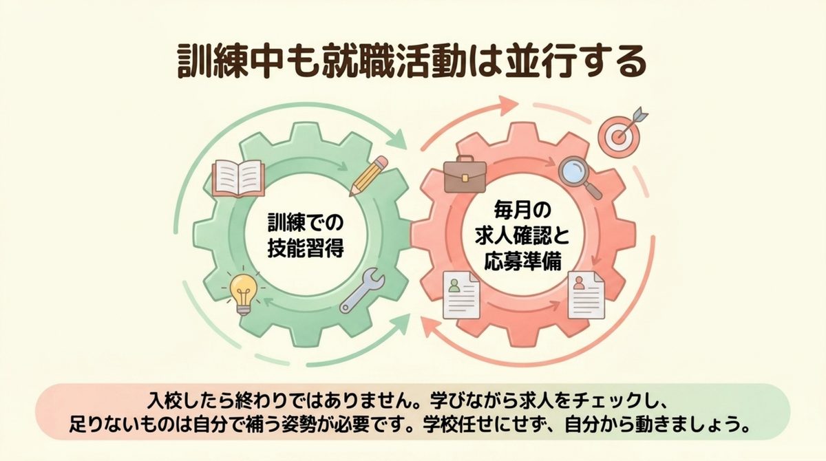 訓練中も求人確認と応募準備を並行する必要があることを示した図解