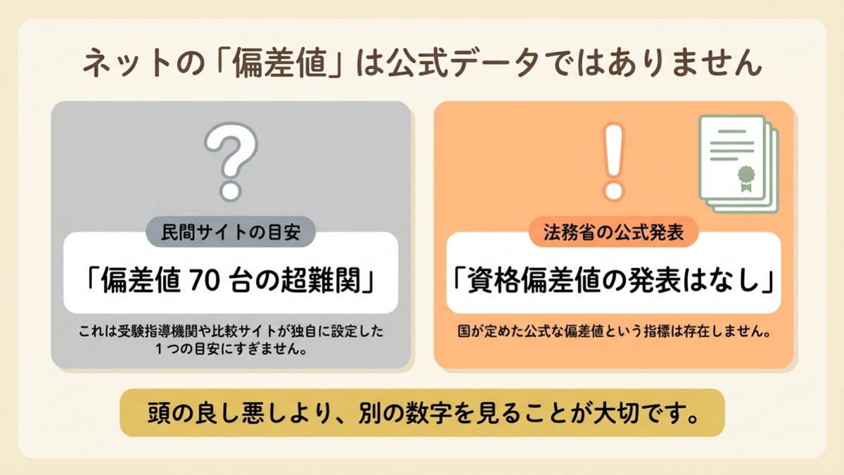 司法書士の民間偏差値と法務省の公式データの違いを示す図