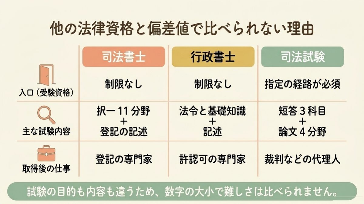 司法書士と行政書士と司法試験の受験資格と試験内容と取得後の仕事の比較図