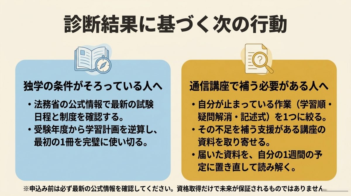 司法書士の学び方を決めた後の次の行動 司法書士の独学条件がある人と通信講座で不足を補う人の次の行動を示す図