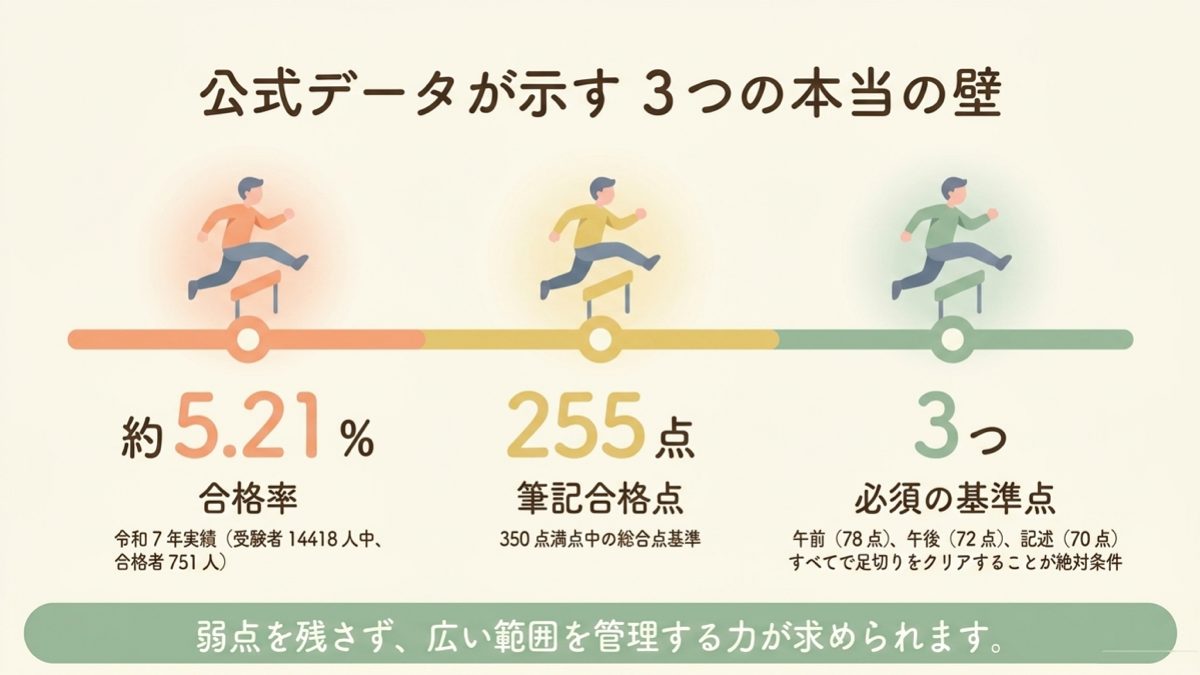 司法書士試験の合格率約5.21パーセントと筆記合格点255点と3つの基準点の図