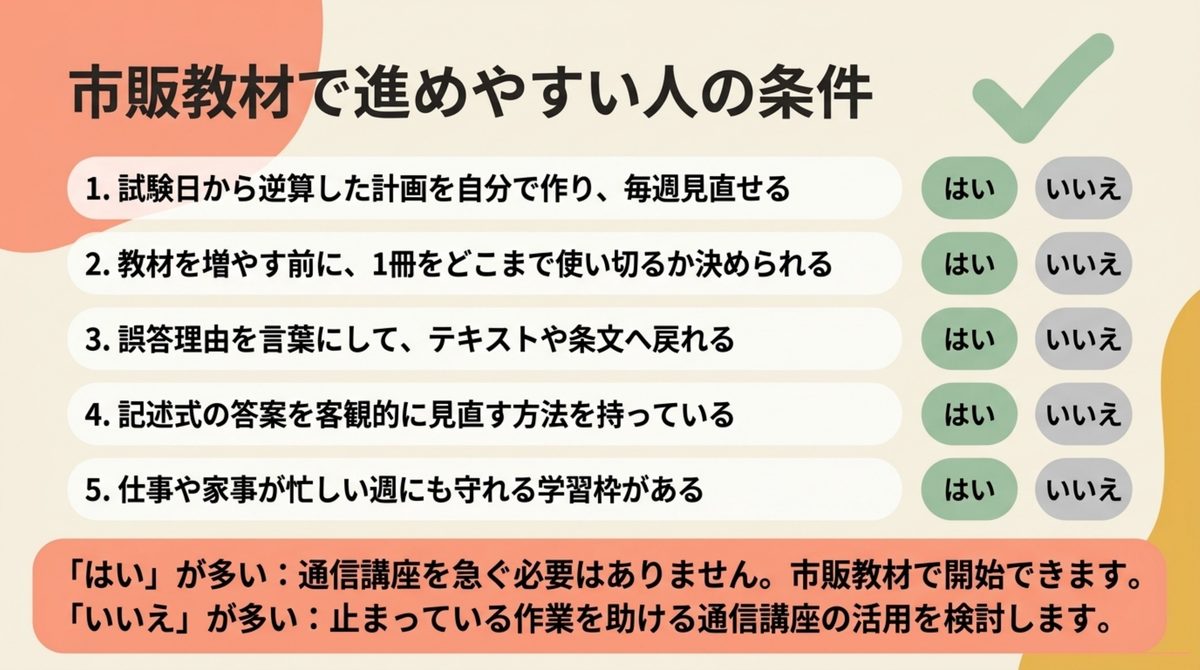 司法書士の独学を続けやすい人の条件 司法書士を市販教材で独学しやすい人の5つの条件チェックリスト
