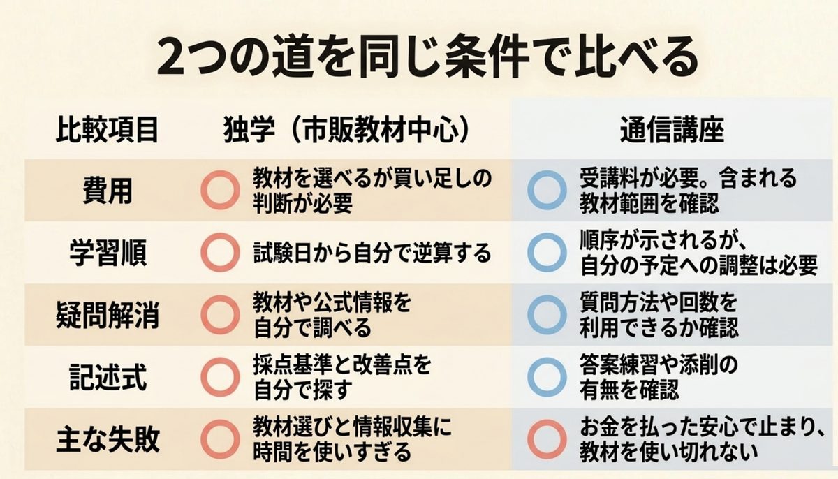 司法書士の独学と通信講座の比較 司法書士の独学と通信講座を費用・学習順・質問・記述式で比較する図
