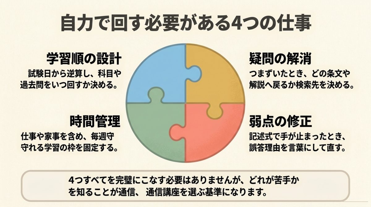 司法書士の独学で自力管理する4つの仕事 司法書士の独学で自分で担う学習順・疑問解消・時間管理・弱点修正の4つの仕事