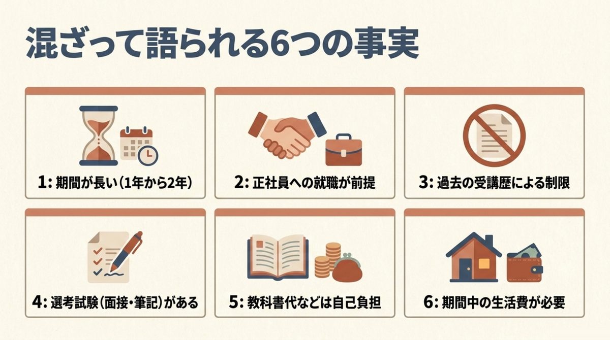 長期高度人材育成コースが「やめとけ」と言われる6つの理由（訓練期間・対象要件・受講歴・選考・自己負担費用・生活費）をアイコンで整理した図解