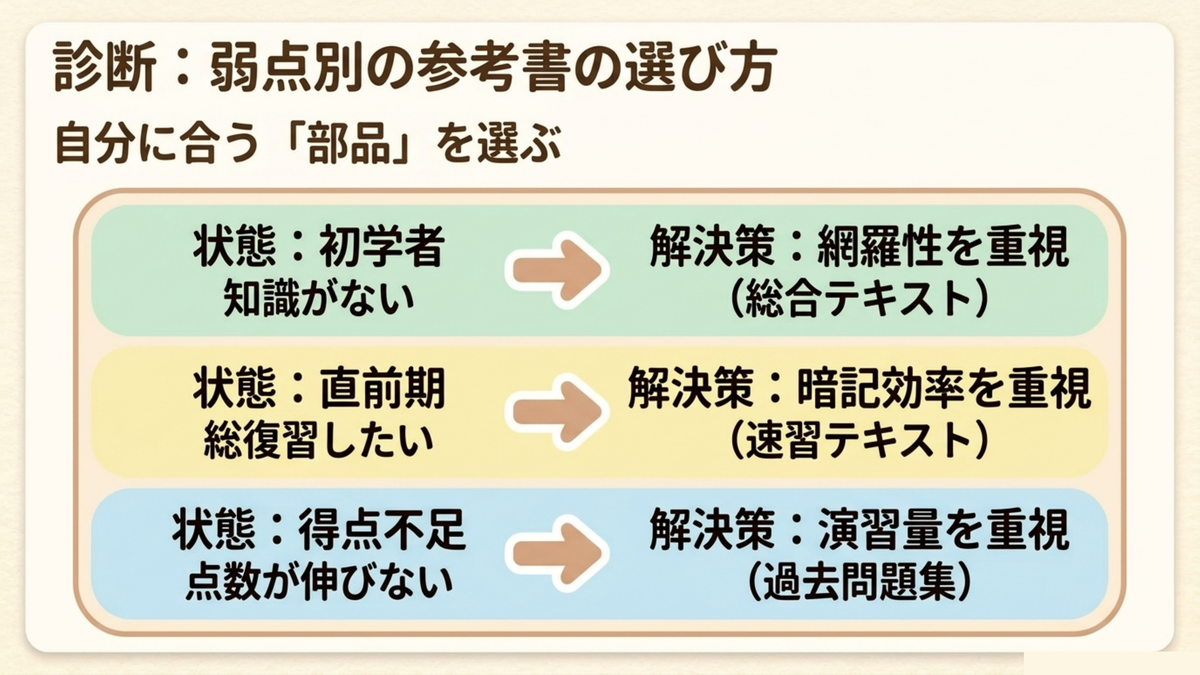 初学者は網羅性重視の総合テキスト・直前期は暗記効率重視の速習テキスト・得点不足は演習量重視の過去問題集という弱点別の参考書診断図解