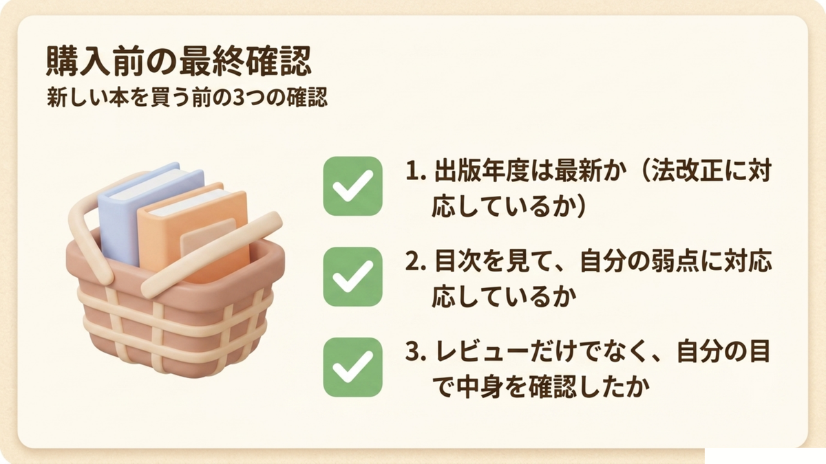 出版年度は最新か・目次は自分の弱点に対応しているか・レビューだけでなく自分の目で中身を確認したかという参考書購入前の3つの確認チェックリスト