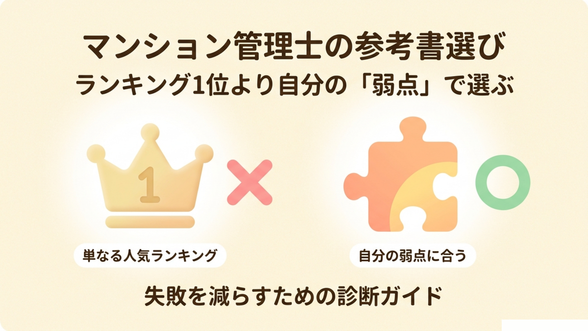 マンション管理士の参考書選びはランキング1位を選ぶことではなく自分の弱点に合う部品として選ぶという考え方を示すタイトル画像
