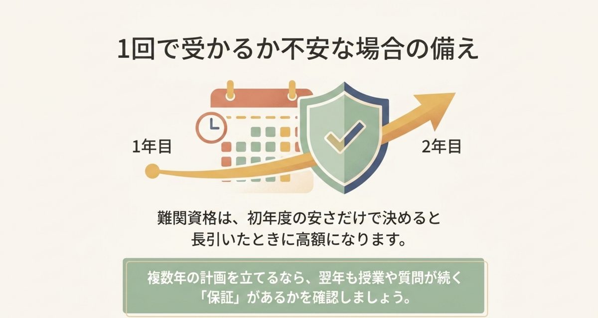 1年目から2年目へ学習が続く場合に、講義や質問を利用できる保証を確認する重要性を示した図