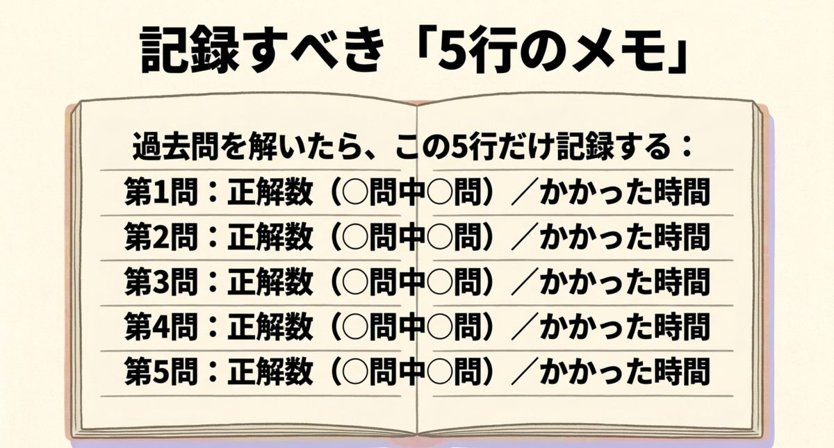 簿記2級の過去問を大問ごとの正答数と所要時間で5行に記録する方法