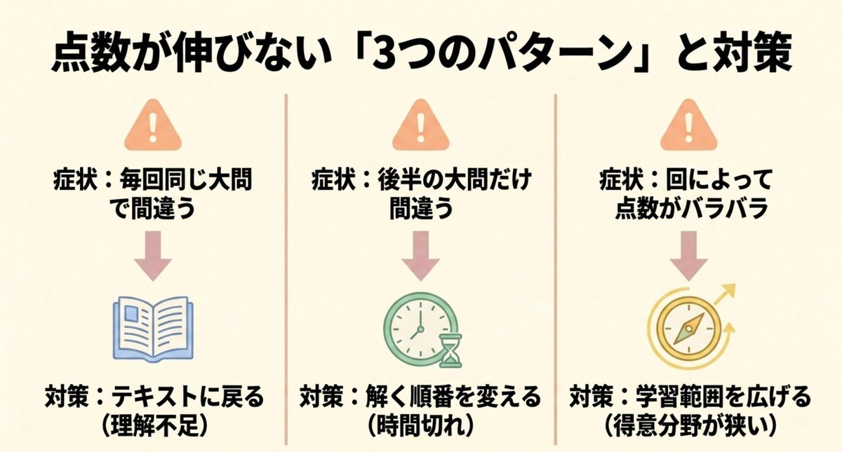 簿記2級の正答が伸びない原因を理解不足・時間切れ・得意範囲の狭さに分けた図