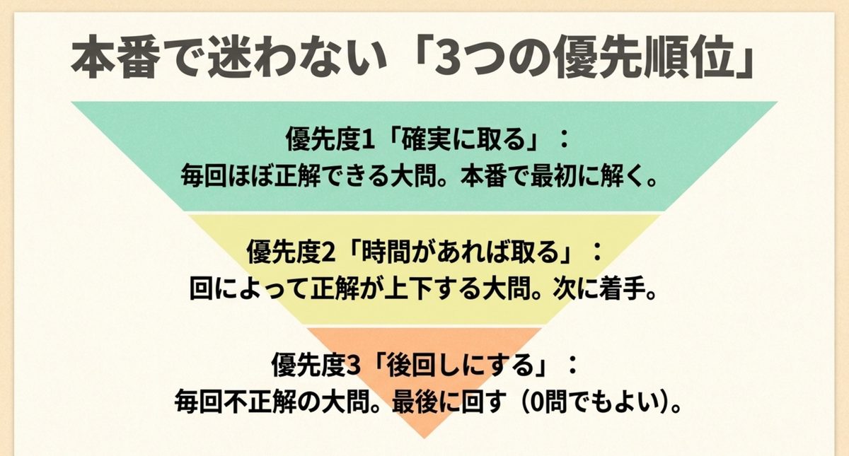 簿記2級本番で確実に取る・時間があれば取る・後回しの3段階で優先順位を決める図