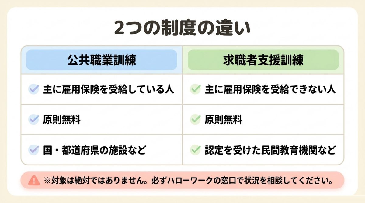 公共職業訓練と求職者支援訓練の対象・受講料・実施機関の違いを整理した比較図