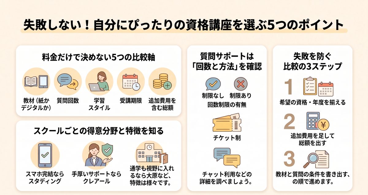 資格講座を比較するときに確認したい教材・質問・学習形態・受講期限・総費用の5項目をまとめた図