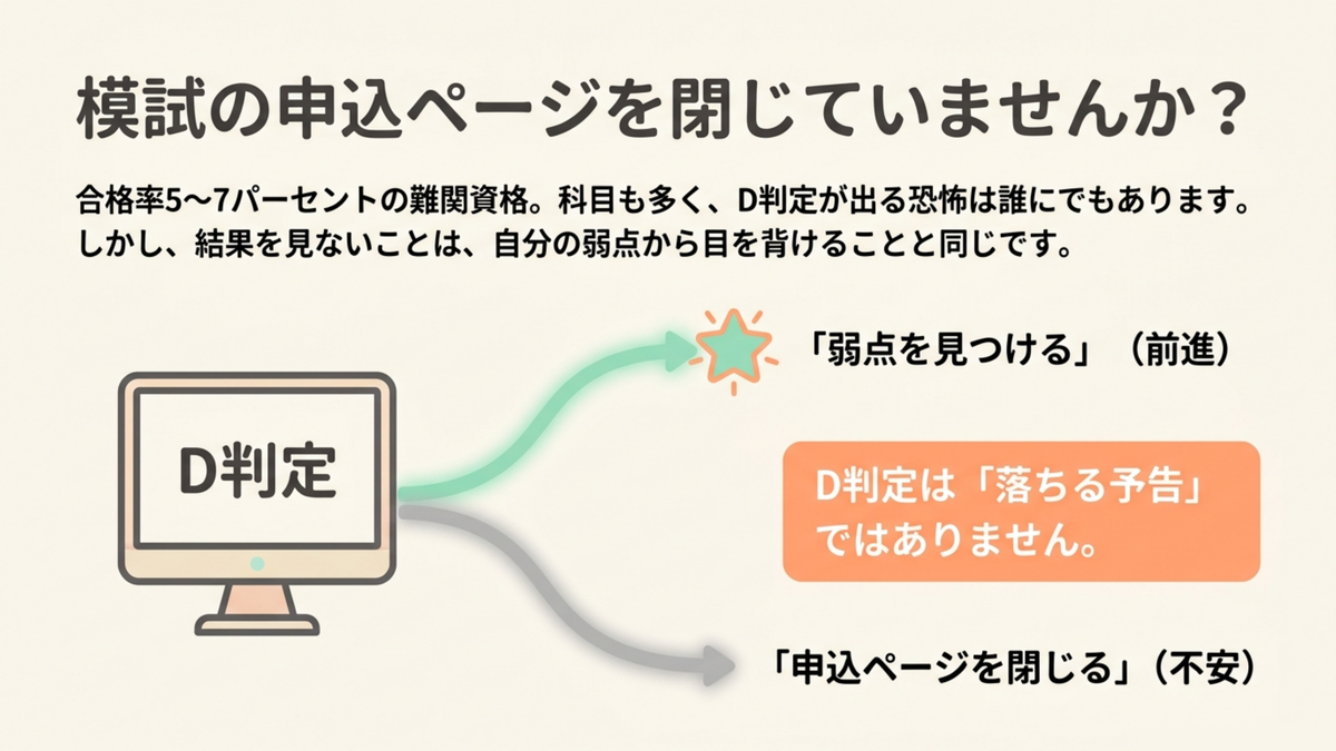 社労士模試のD判定は落ちる予告ではなく弱点を見つける前進のサインであることを示す図解