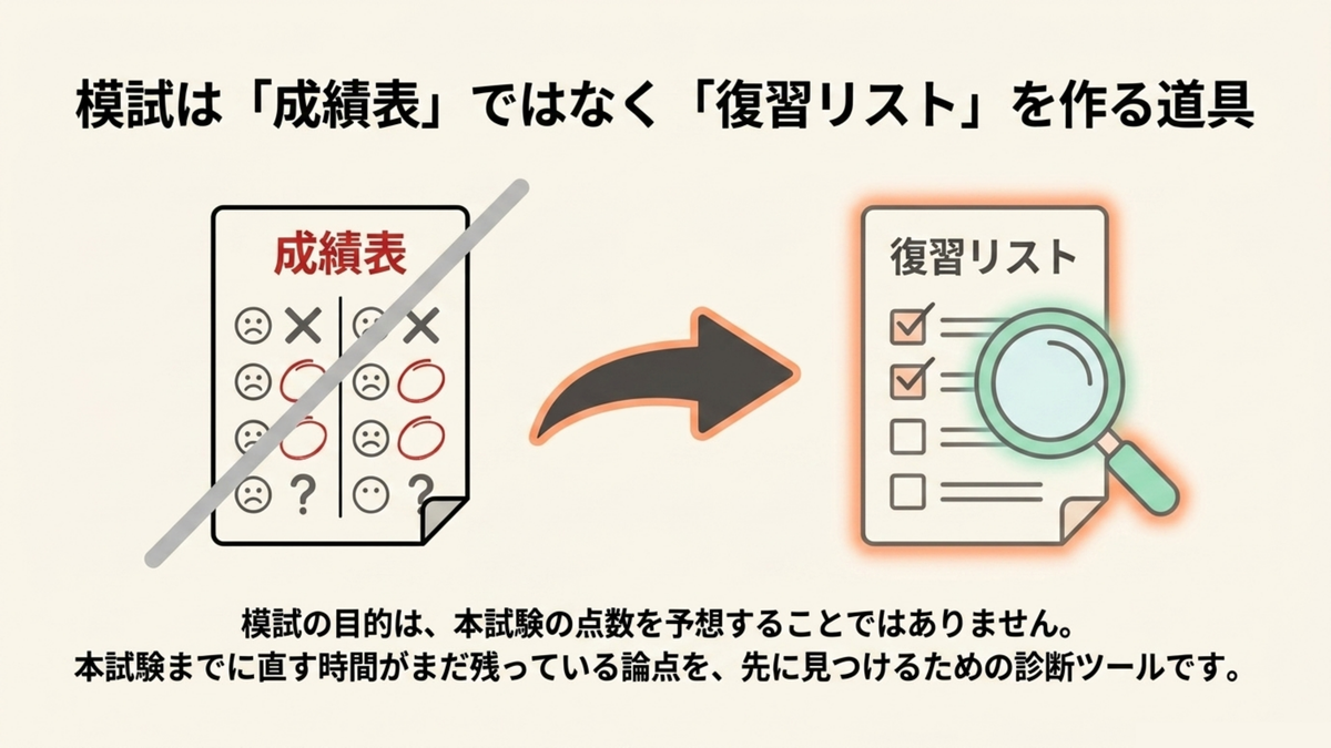 社労士模試は成績表ではなく本試験までに直す論点を見つけるための復習リストを作る道具であることを示す図解