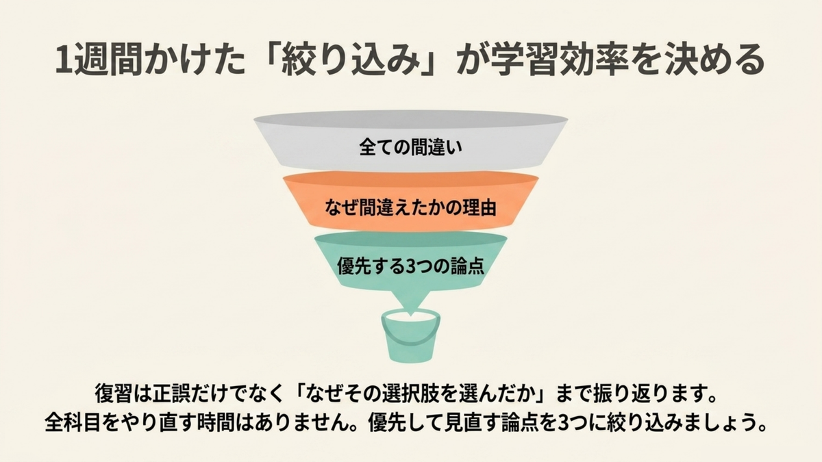 社労士模試の復習は全ての間違いからなぜ間違えたかの理由を経て優先する3つの論点に絞り込む学習効率の図解