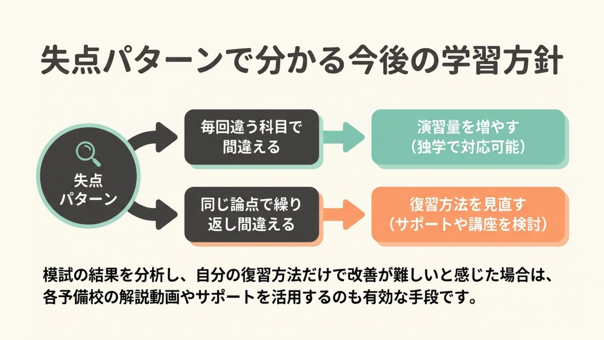 社労士模試の失点パターンが毎回違う科目なら演習量を増やし、同じ論点の繰り返しなら復習方法の見直しや講座を検討するという学習方針の図解